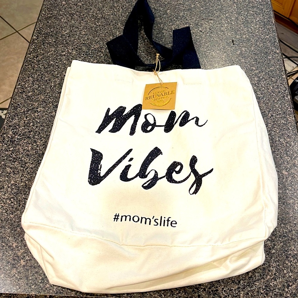 NWT Black Glitter Mom Vibes Cream #mom’slife XL Canvas Reusable Summer T… - Picture 1 of 3